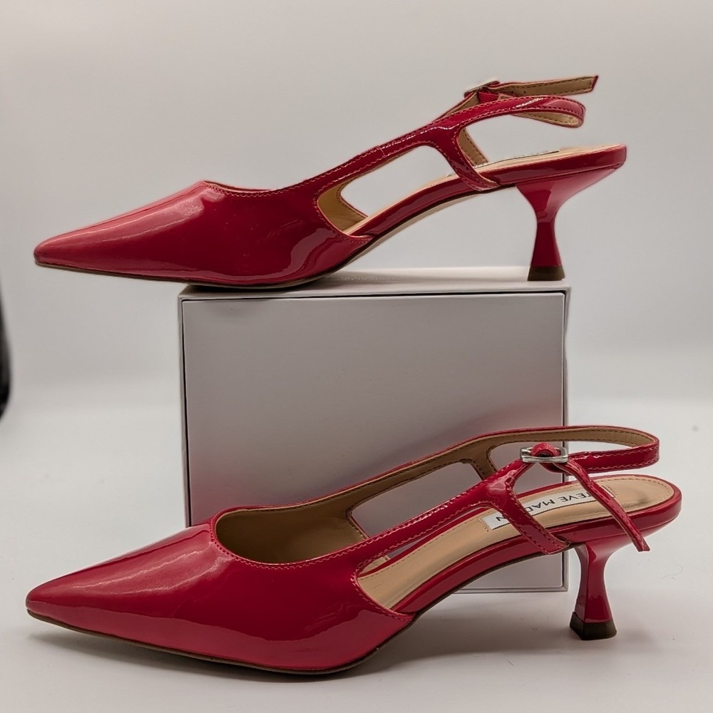 Steve Madden Size 7 $90 Red Patent Slingback Kitten Heels Pointed Toe Pumps - Picture 8 of 11